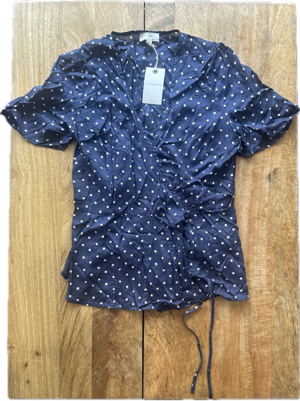 Lucky Brand Navy Polka Dot Wrap Blouse